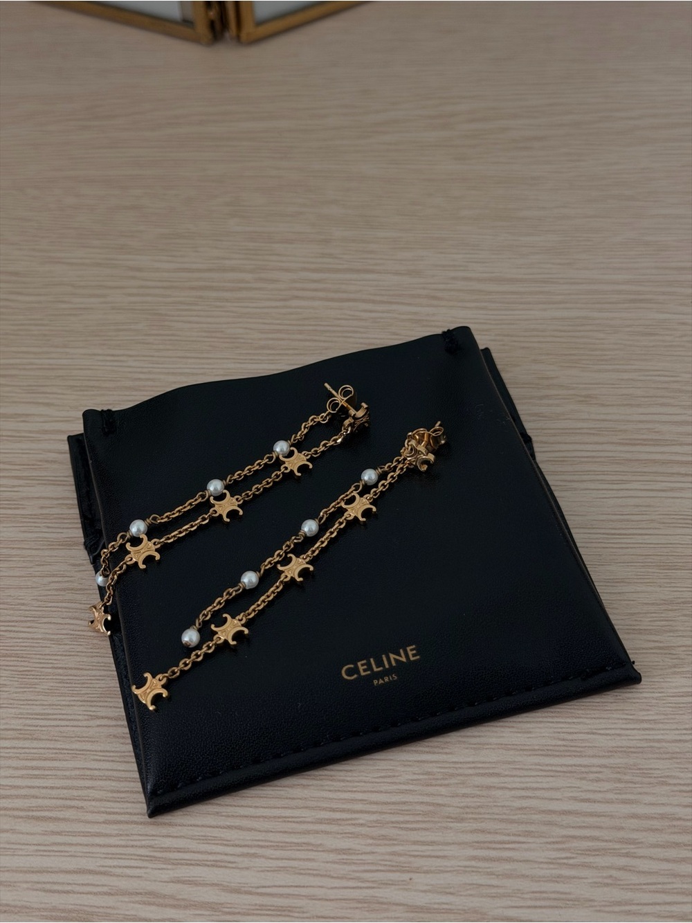 Celine Gold and White Pearl Double Chain Drop Earrings